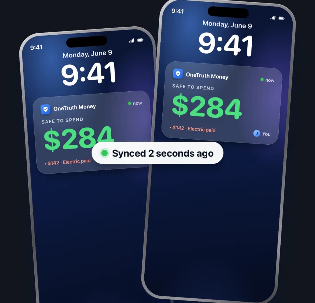Two iPhone lock screens side by side, both showing the same Safe to Spend of $284 with a 'Synced 2 seconds ago' indicator.